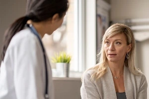 Image shows back of a female doctor speaking to a blond-haired middle-aged female patient