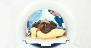 A woman getting a brain scan.