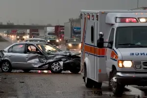 T-Bone-car-crash wreck with ambulance on scene